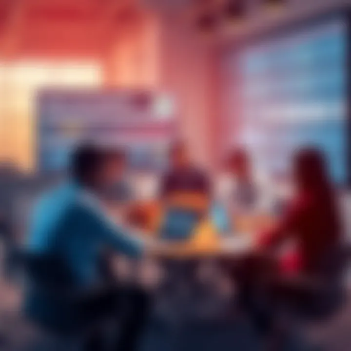 A group of business professionals collaborating around a table with laptops, discussing code execution platforms, with charts and data on a screen in the background.