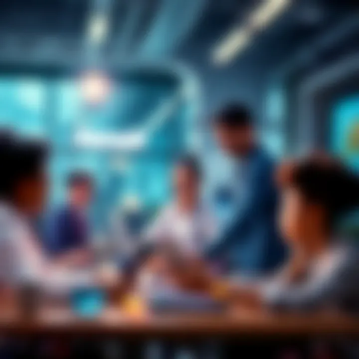 A futuristic office scene showing diverse people collaborating with advanced AI technology, symbolizing the impact of generative AI on businesses.