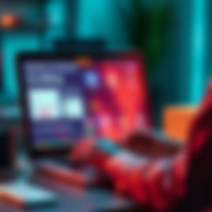 A person working on a laptop with various automation tools displayed on the screen, showing invoicing and chatbots.