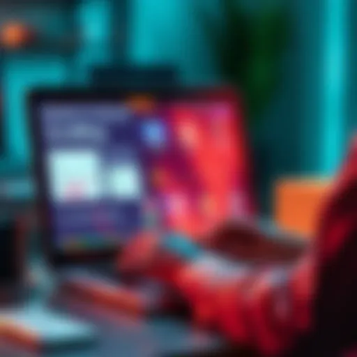 Business Automation Tools A person working on a laptop with various automation tools displayed on the screen, showing invoicing and chatbots.