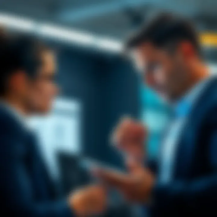 Business competition Two business competitors discussing strategies with a concerned expression, highlighting questionable decisions affecting their success.