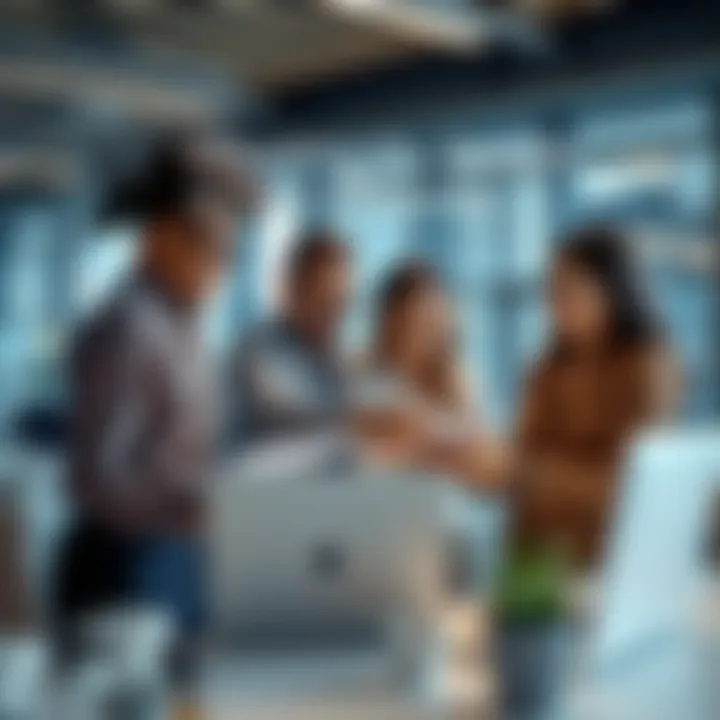 A team of professionals collaborating over a laptop, discussing strategies to improve business efficiency and productivity in a modern office setting.