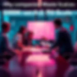 A group of business professionals in a meeting room examining charts related to an AI pilot project