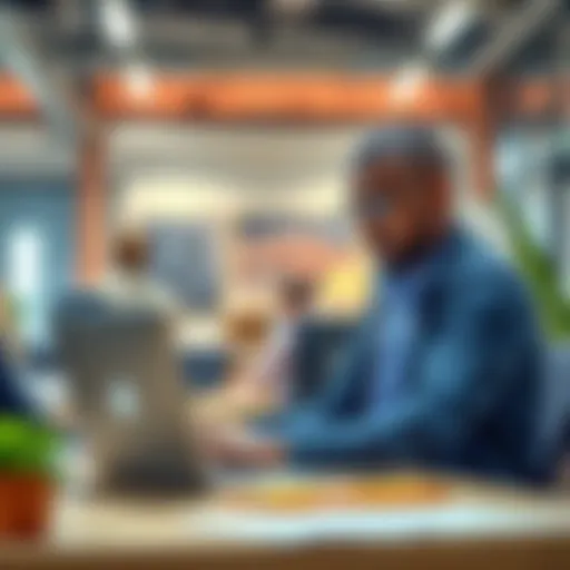 A business owner looking for automation specialists to improve efficiency and streamline tasks, reviewing past projects on a laptop in a modern office environment.