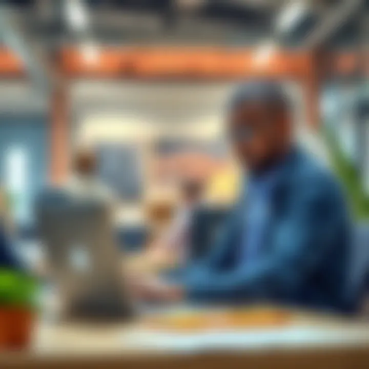 A business owner looking for automation specialists to improve efficiency and streamline tasks, reviewing past projects on a laptop in a modern office environment.