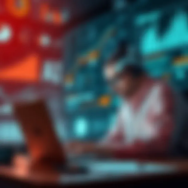 A business person studying AI concepts on a laptop, surrounded by charts and graphs that depict technology integration.