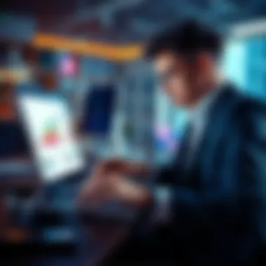 A business person reviewing information about voice AI technology on a laptop with charts and graphs, considering its value for small businesses.