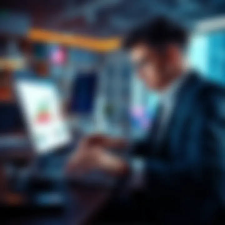 A business person reviewing information about voice AI technology on a laptop with charts and graphs, considering its value for small businesses.