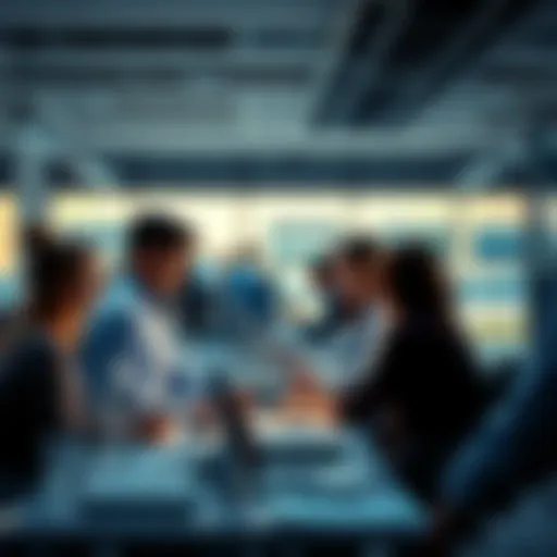 A corporate office scene showing employees using advanced technology and collaborating, illustrating the benefits of GPT-5 for businesses