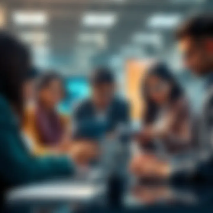 A diverse group of business professionals collaborating with AI tools on laptops to improve communication and efficiency.