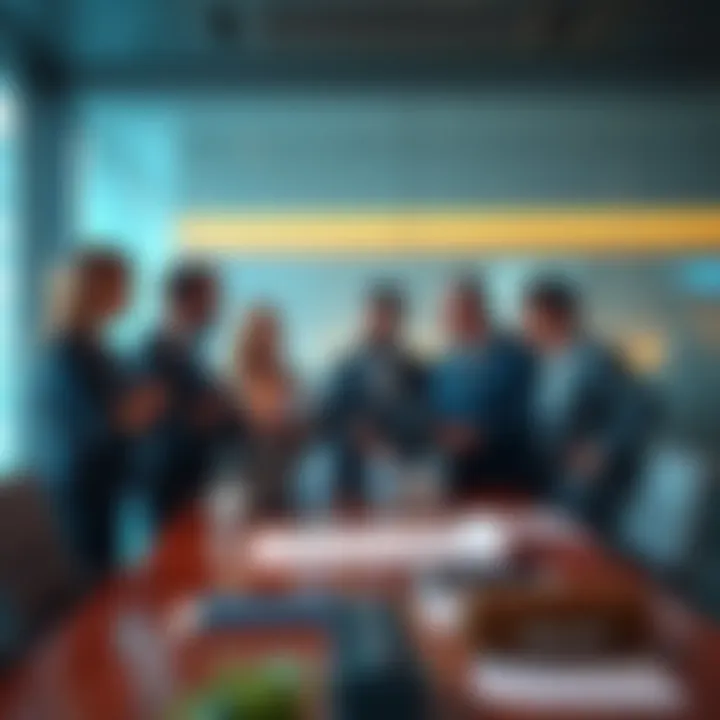 A group of business professionals reviewing financial plans and strategies for securing a bailout in a conference room.