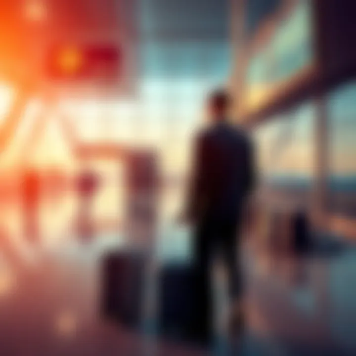 A businessman standing at an airport terminal with a suitcase, looking at a departure board, contemplating his weekly commute for a patent law job in Boston.