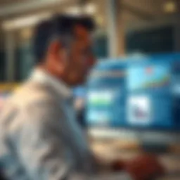A businessman in a modern office looking at a computer screen with graphs and news articles, reflecting on journalism's future.