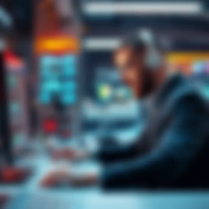 Businessman Using AI for Finance Tasks A businessman managing finance tasks with AI tools on a computer, focusing on automation and security.