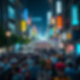 A busy city street filled with people enjoying nightlife, colorful lights, and lively atmosphere