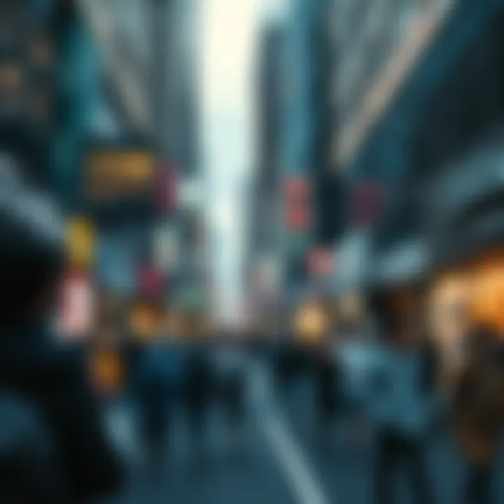 A crowded city street with people walking, shops open, and bright lights illuminating the night.