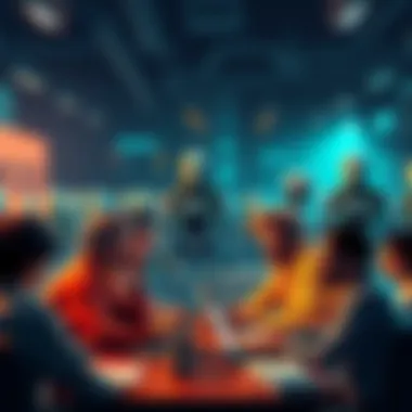 Group of people passionately discussing the Butlerian Jihad on forums with robots in the background.