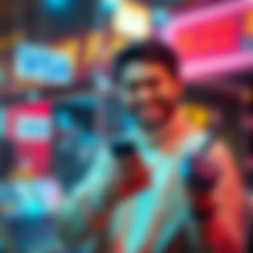 A person happily using a smartphone to buy Buzz on Civitai with crypto services, showing payment options like VISA and PayPal in the background.
