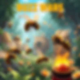 Colorful illustration of bees and wasps engaged in battle, managing units in a lush environment with hives in the background.