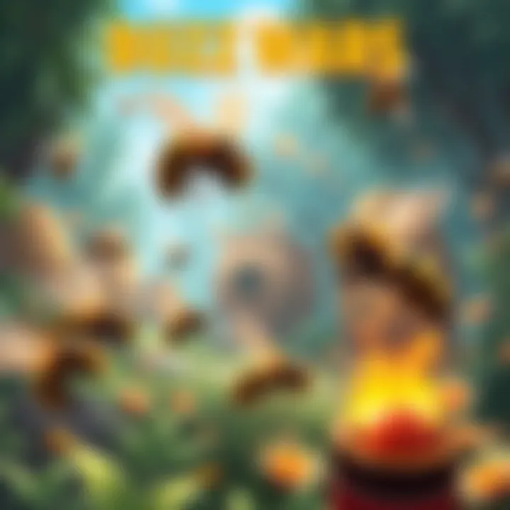 Buzz Wars Game Cover Colorful illustration of bees and wasps engaged in battle, managing units in a lush environment with hives in the background.