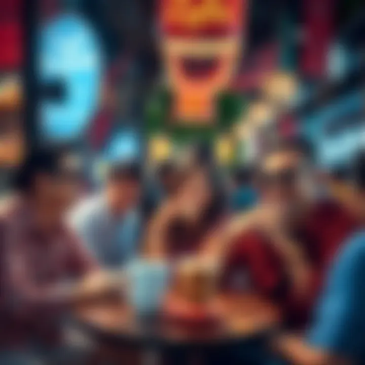 Several famous movie stars enjoying coffee at a lively café with people around.