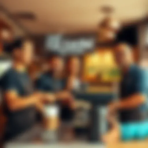 A group of smiling baristas at Café La Leche preparing coffee and greeting customers on a bright Tuesday morning in Replikatown.