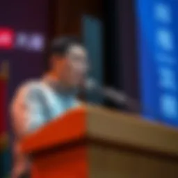 Cai speaking at a podium during a news conference about age verification policies