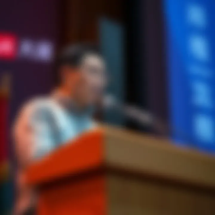 Cai speaking at a podium during a news conference about age verification policies