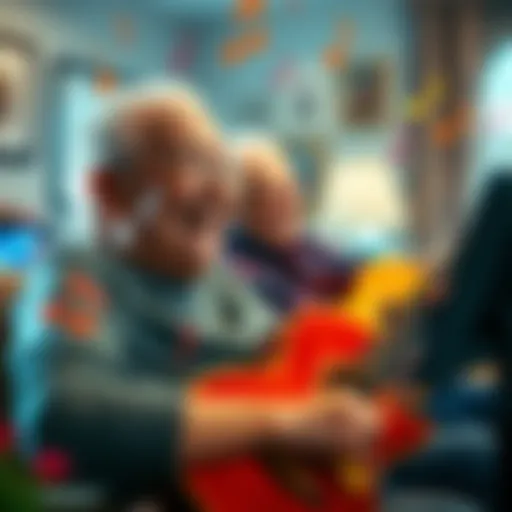 Calgary seniors' home residents smile as they listen to personalized songs created using AI, surrounded by musical notes and instruments.