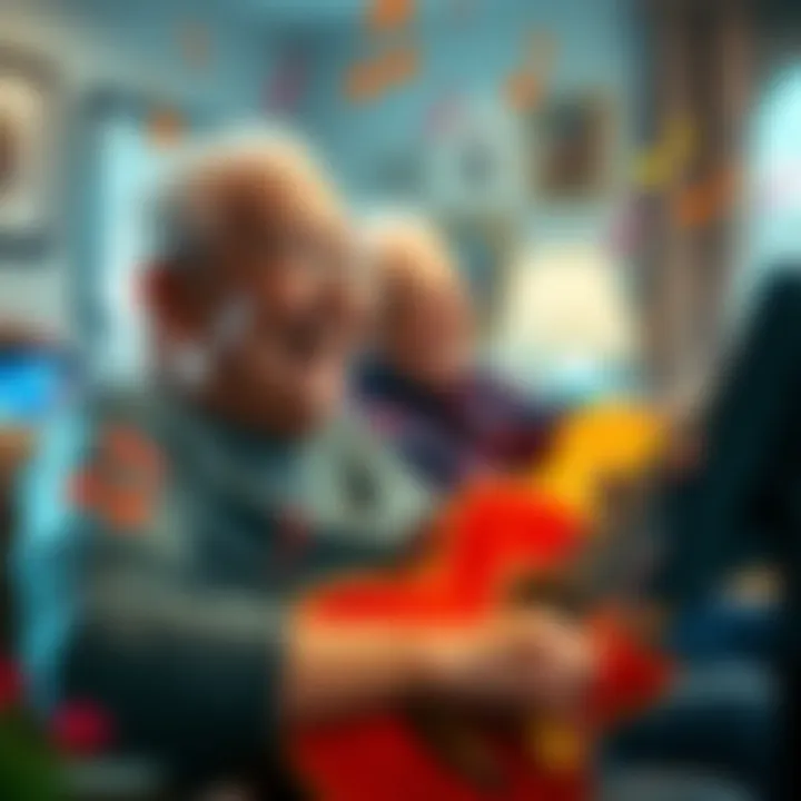 Calgary seniors' home residents smile as they listen to personalized songs created using AI, surrounded by musical notes and instruments.