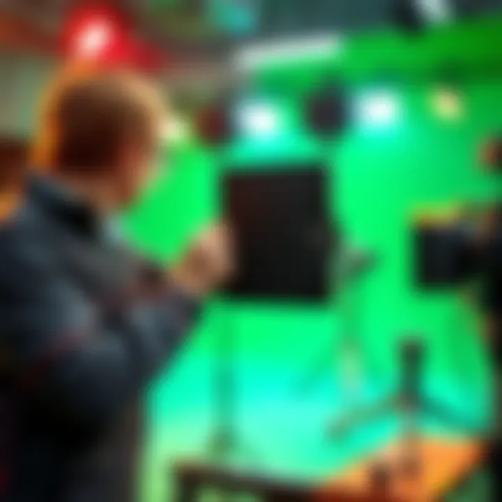 A technician adjusting a calibration board for pan/tilt movements in a green screen studio