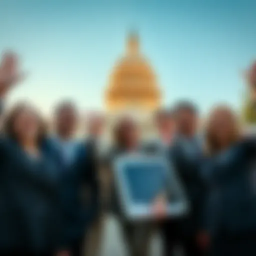 A group of California lawmakers smiling and celebrating the approval of a bill exempting open-source software from age-verification laws, with a backdrop of the state capitol building.