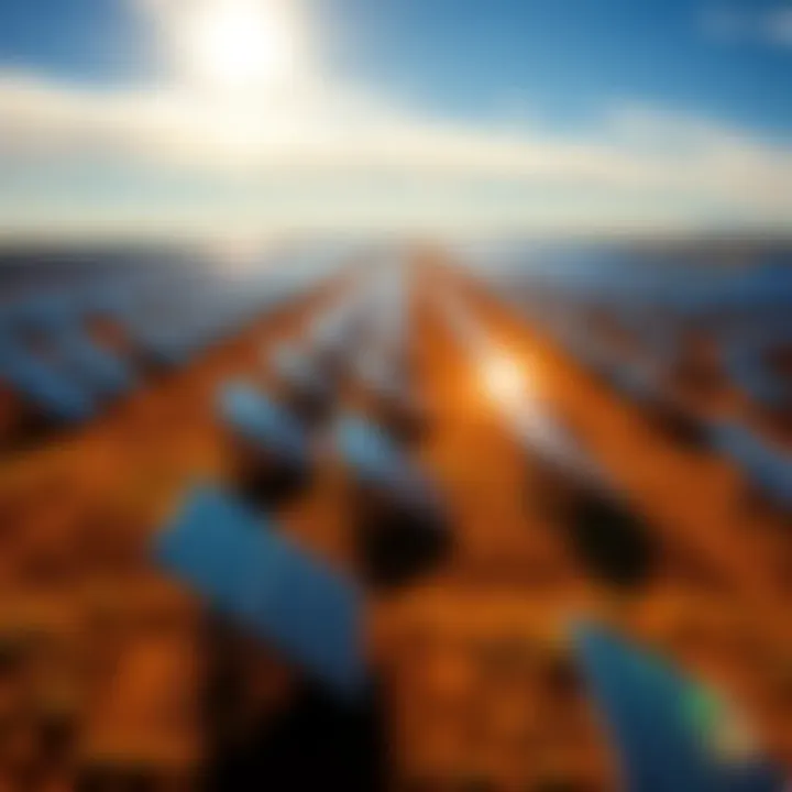 A wide view of a solar farm with panels installed on former farmland under a sunny sky, showcasing the shift to renewable energy.