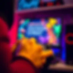 A close-up of a gamer holding a controller with a computer screen showing a message about game server shutdowns