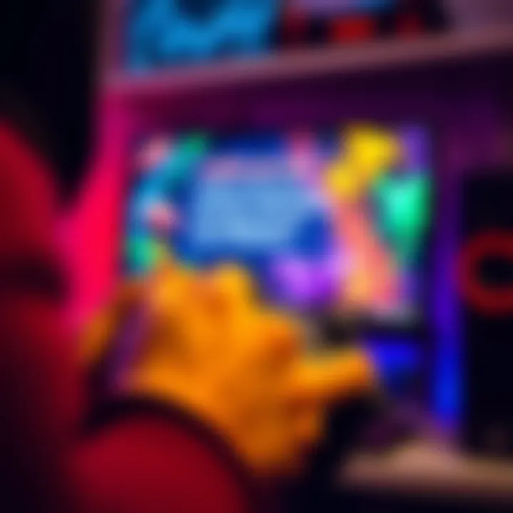 A close-up of a gamer holding a controller with a computer screen showing a message about game server shutdowns