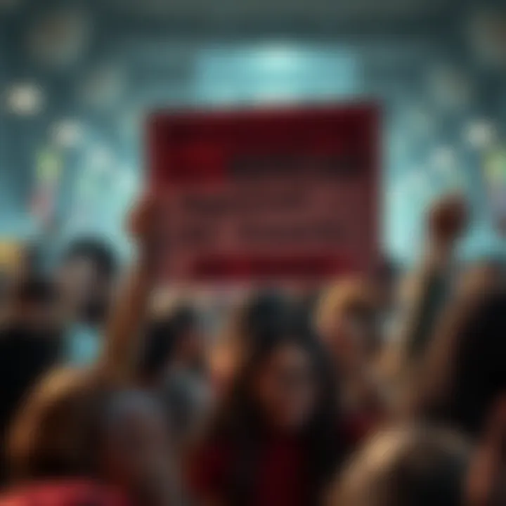 A person holding a sign demanding harsh penalties for AI users, surrounded by a group of people expressing anger.