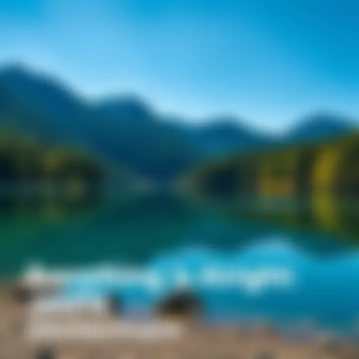 A serene landscape showing a peaceful lake surrounded by green trees and mountains under a clear blue sky, symbolizing tranquility and contentment.