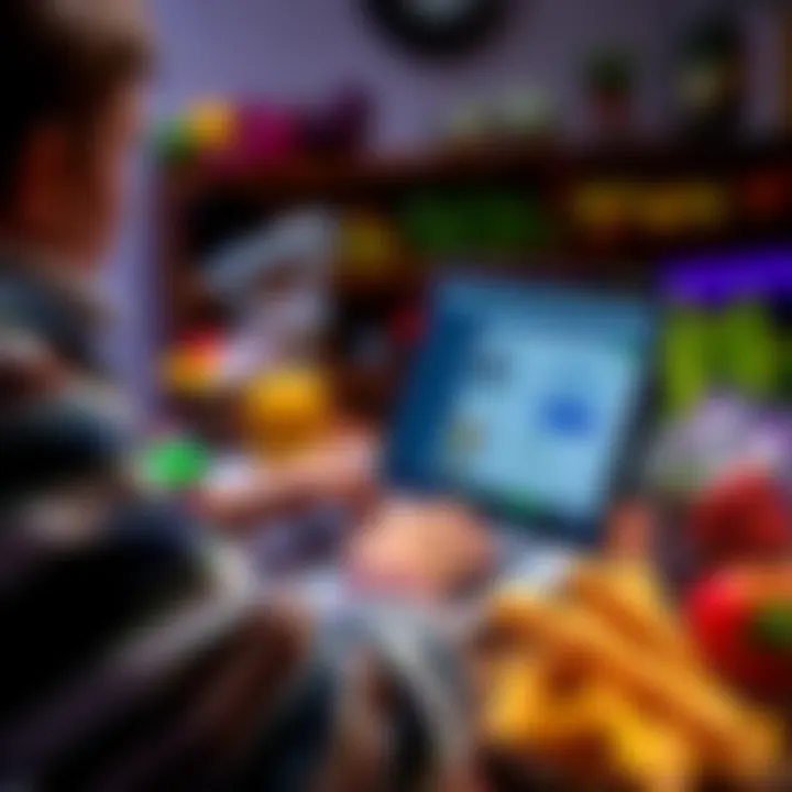 A person using ChatGPT on a laptop to track calories and plan meals while surrounded by healthy food options.