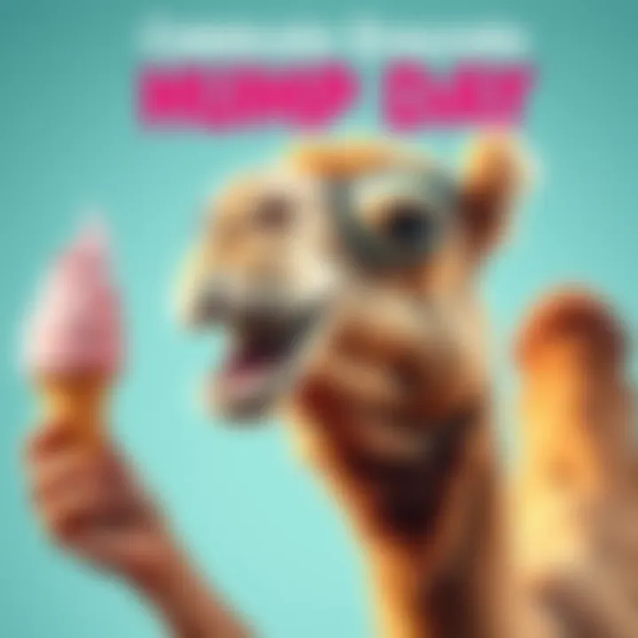 A cute camel happily holding an ice cream cone, celebrating Hump Day with a joyful expression.