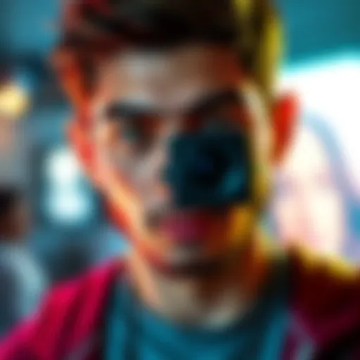 Camera Attached to Character A character with a camera on their face, showcasing visual effects around them
