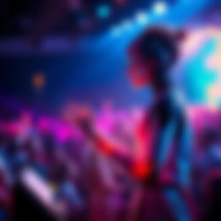Camille interacts with AI to control music through gestures on stage, with vibrant lights and an engaging audience in the background.