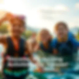 A group of happy campers participating in fun summer activities like swimming and hiking