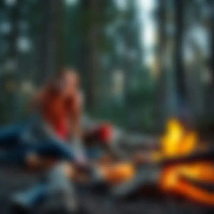 A redhead friend and a companion sitting by a campfire in the woods, smiling and enjoying the outdoors