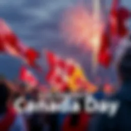 People celebrating Canada Day with flags, fireworks, and festivities in a park