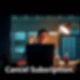 A person sitting at a desk using a laptop to cancel an online subscription, looking relieved