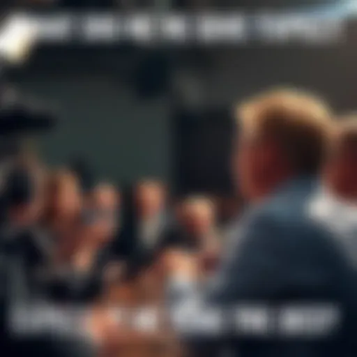 A candidate answering tough questions at a press conference, with a crowd of reporters and cameras watching closely.