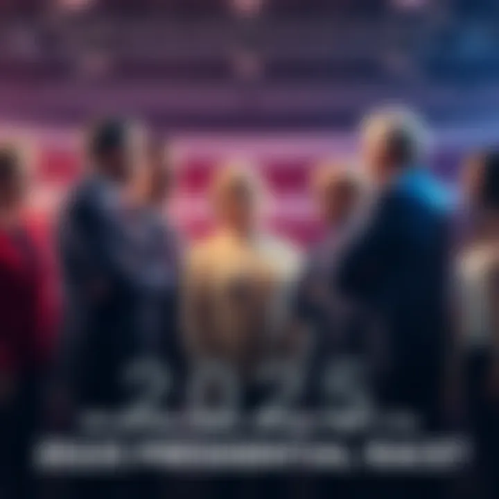 A diverse group of political candidates standing together, discussing their platforms for the upcoming presidential election.