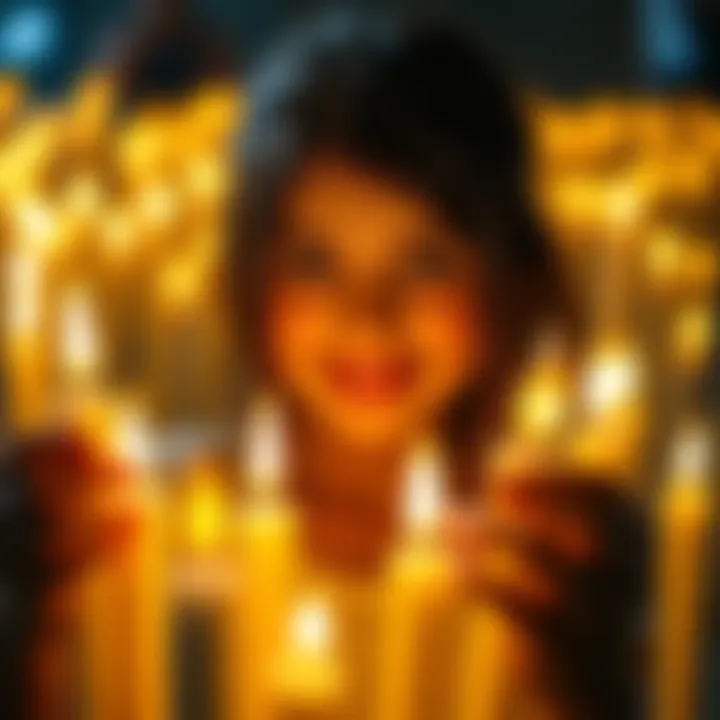 A young girl surrounded by lit candles, smiling with a warm light illuminating her face.