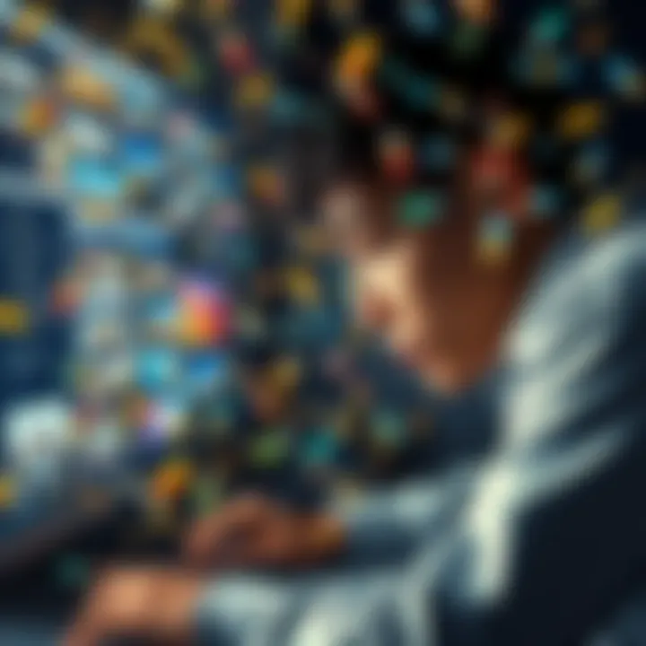 A frustrated person looking at a computer screen filled with capsule images on forum threads