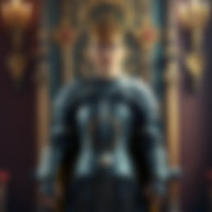 A strong woman dressed in royal armor, standing confidently in a lavish throne room, symbolizing power and resilience.